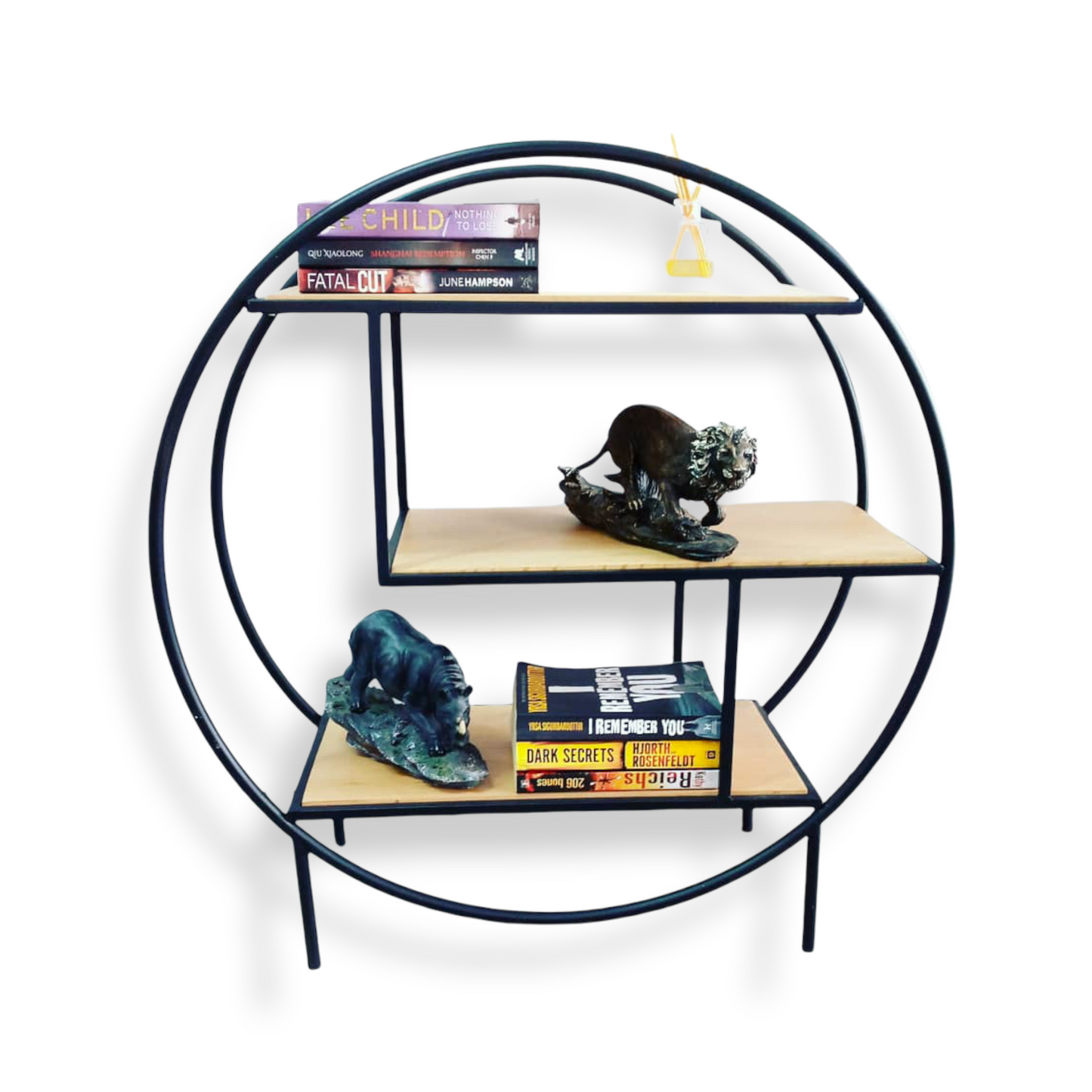 oak and steel round display shelf