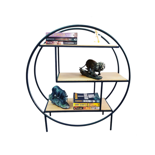 oak and steel round display shelf